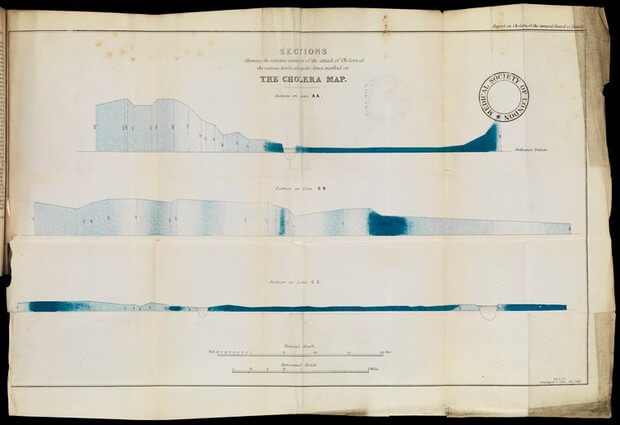 Rys. 7. Przekroje pokazujące względne natężenie ataku cholery na różnych wysokościach wzdłuż linii zaznaczonych na mapie. (archiwa online Wellcome Collection)