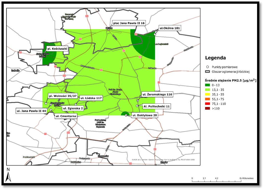 Mapa średniego stężenia pyłu zawieszonego za pomocą interpolacji IDW